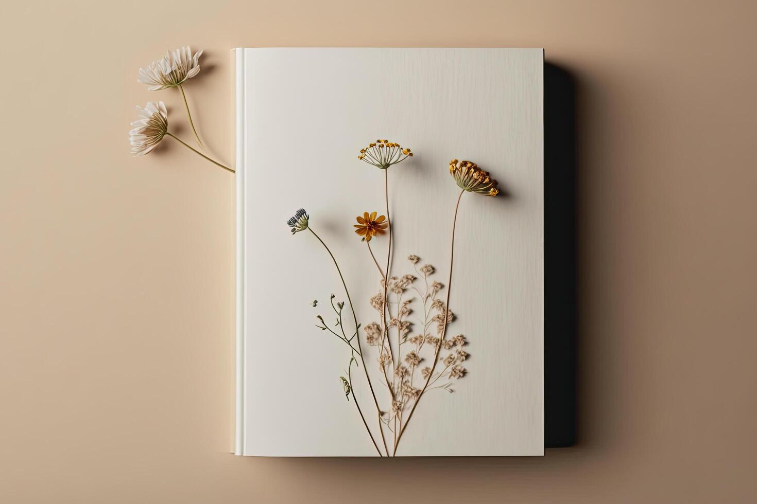 White book blank cover mockup on a beige background. Illustration photo