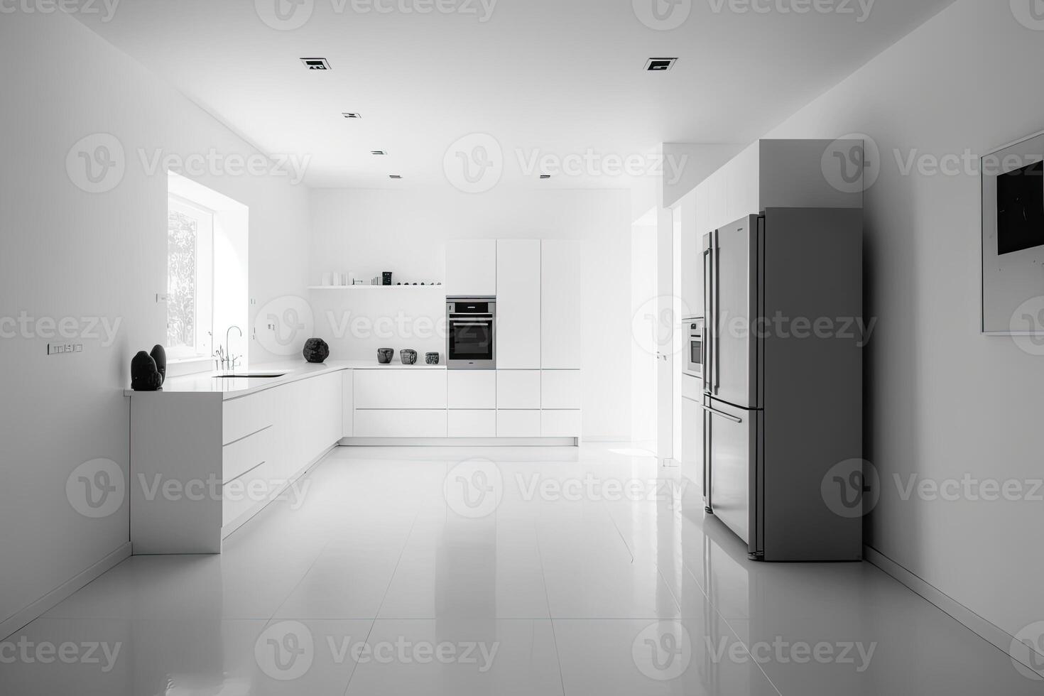 The interior of a minimalist kitchen with white walls. Illustration photo