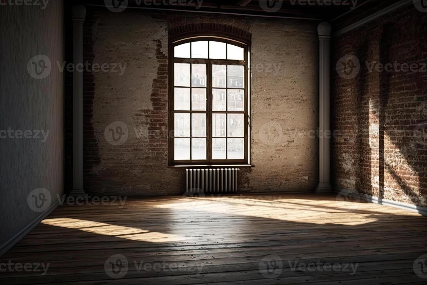 An empty room with a large loft-style window. Illustration photo