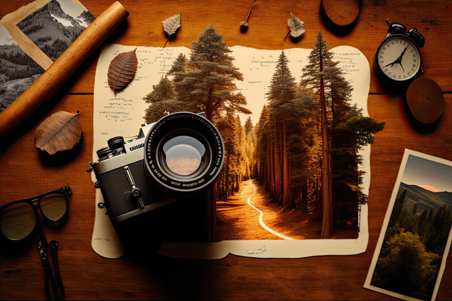 Abstract backdrop of itinerary and travel amid big wood. Illustration photo