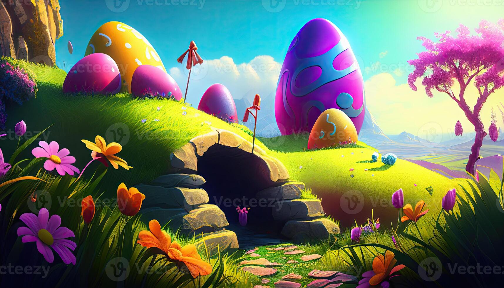 Easter holiday background. Easter eggs illustration backdrop with copy space. photo