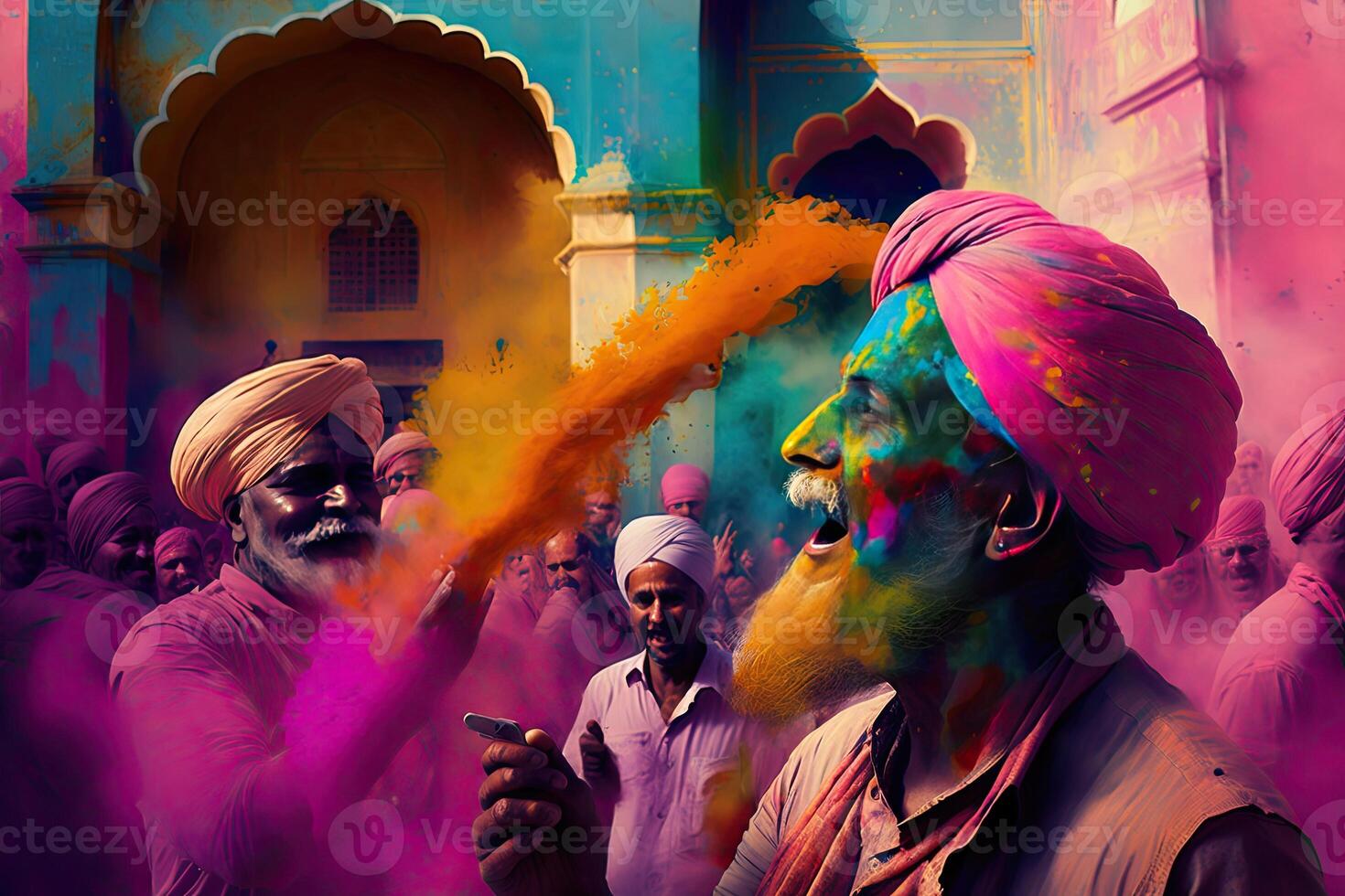 holi fiesta celebracion antecedentes con persona retrato en púrpura rosado pintar en rostro, generativo ai foto