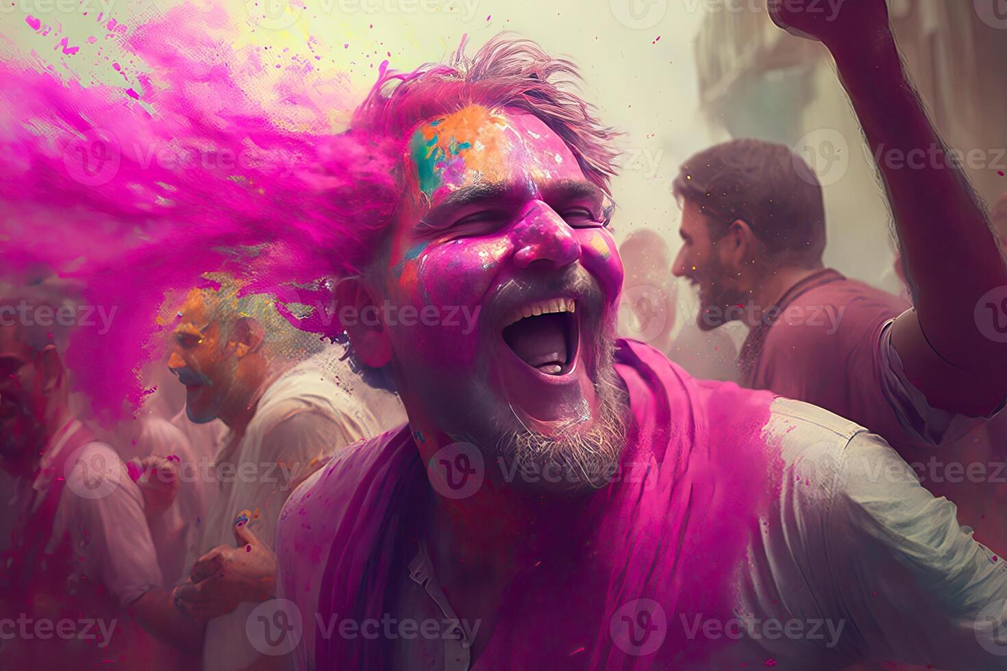 Holi Holiday Celebration Background with Person Portrait in Purple Pink Paint on Face, photo