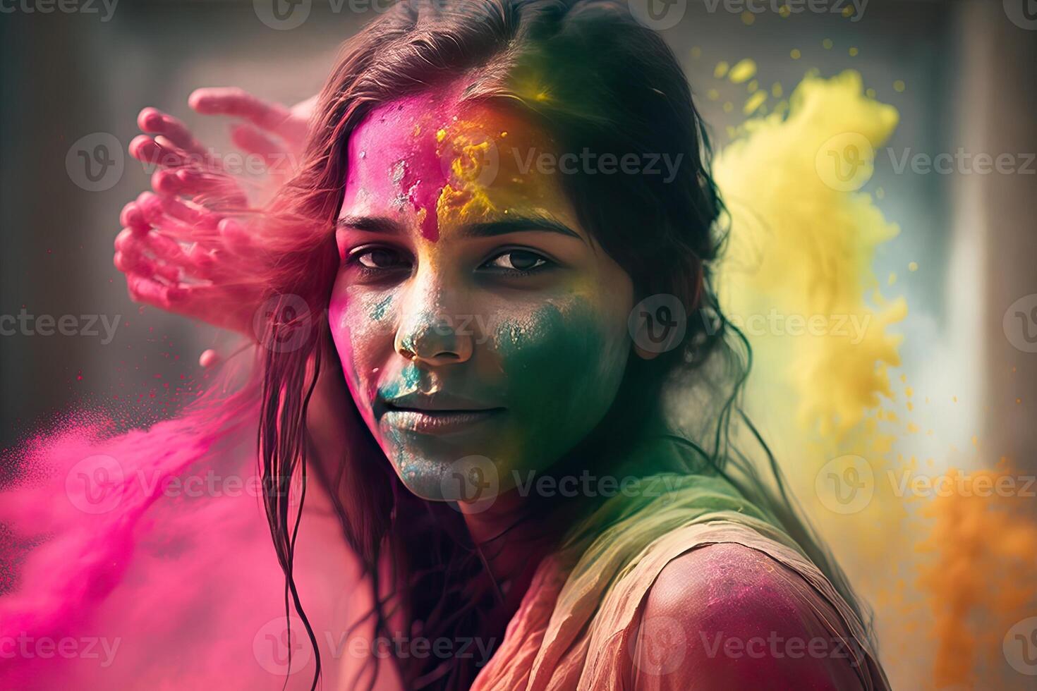 Holi Holiday Celebration Background with Person Portrait in Purple Pink Paint on Face, photo