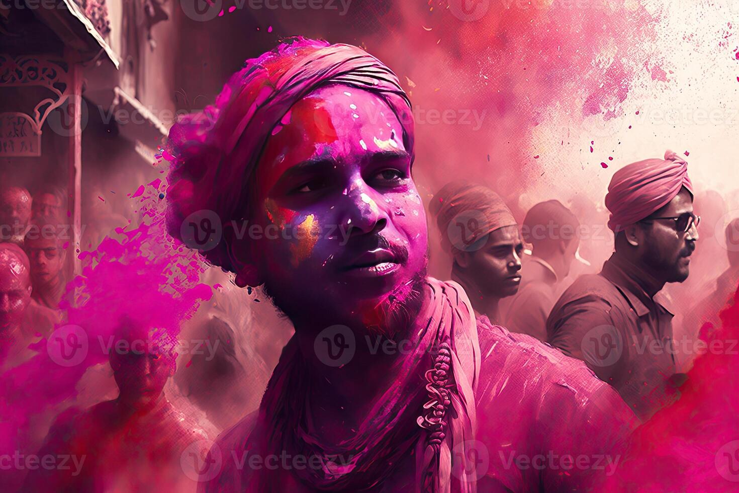 Holi Holiday Celebration Background with Person Portrait in Purple Pink Paint on Face, photo