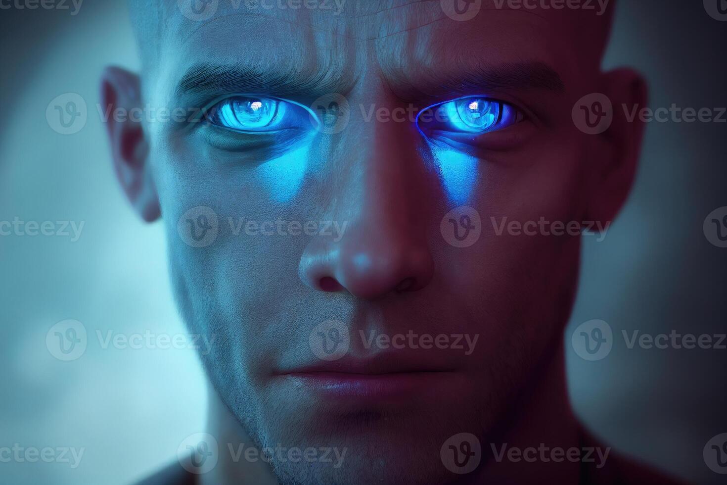 Bold man portrait with blue lights in eyes closeup, AI integrated in brain, design photo