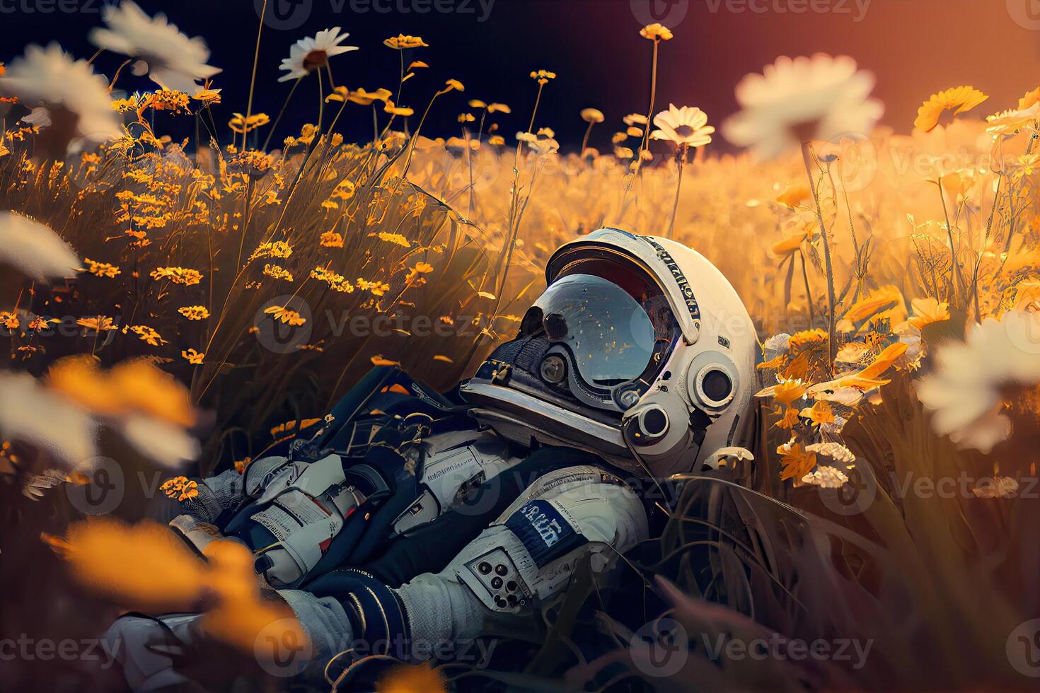 astronauta mentiras en un campo en naturaleza, cosmonauta es descansando en flores, frío generativo ai diseño foto