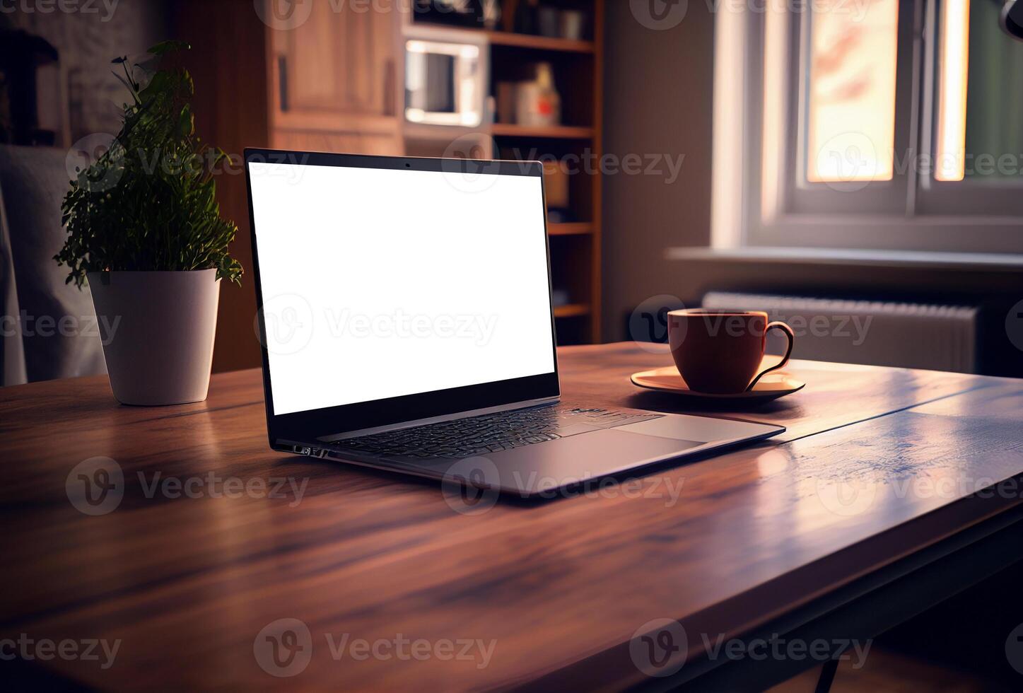 ordenador portátil en un mesa con un blanco pantalla. computadora en el departamento. ai generado foto