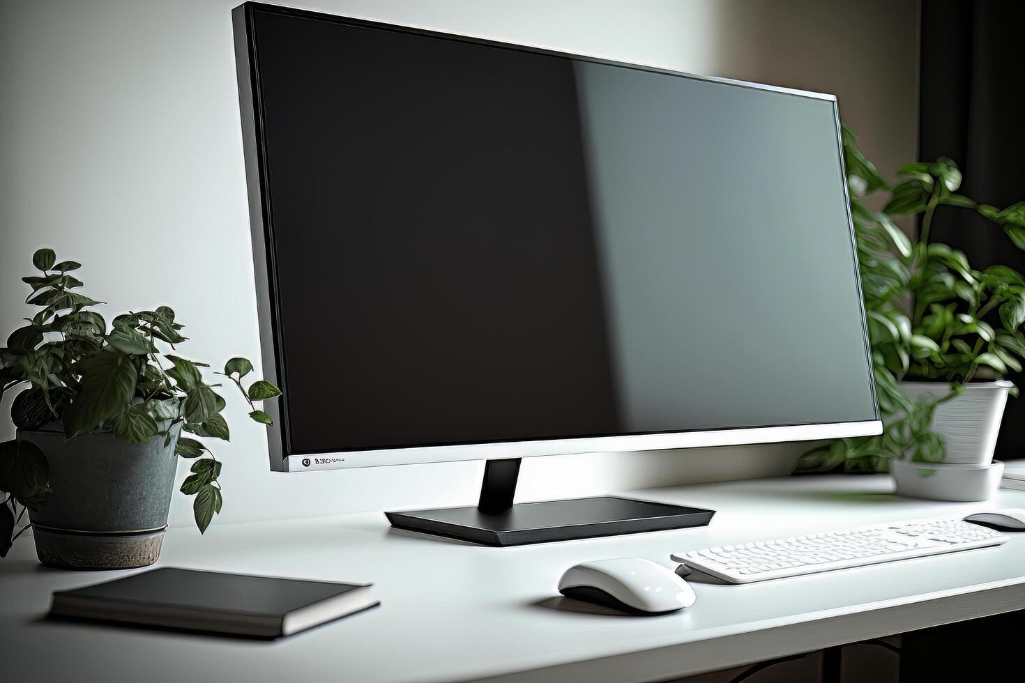 Mockup desktop computer display blank screen on desk. Illustration photo