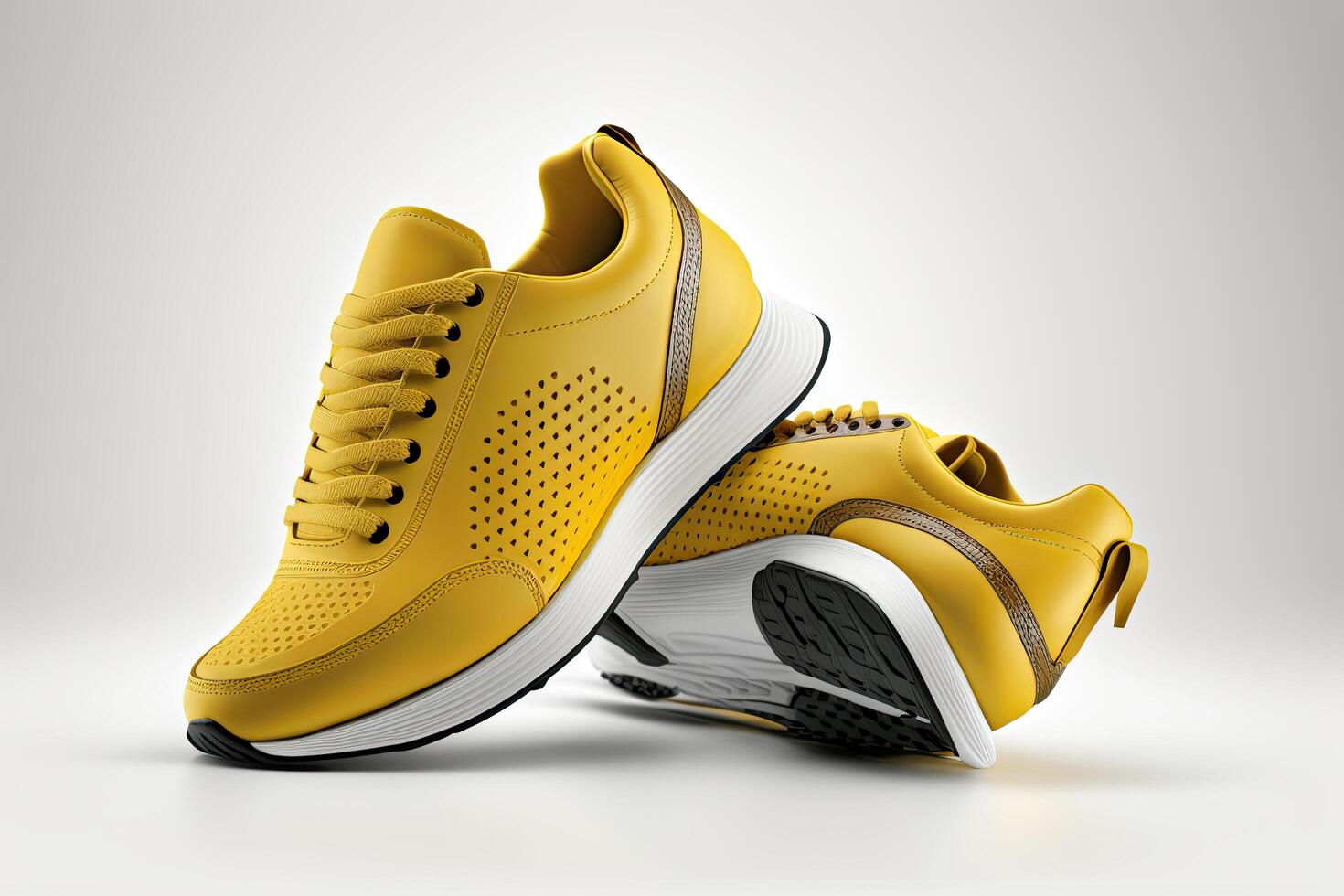 Flying yellow leather womens sneaker isolated on white background. Illustration photo