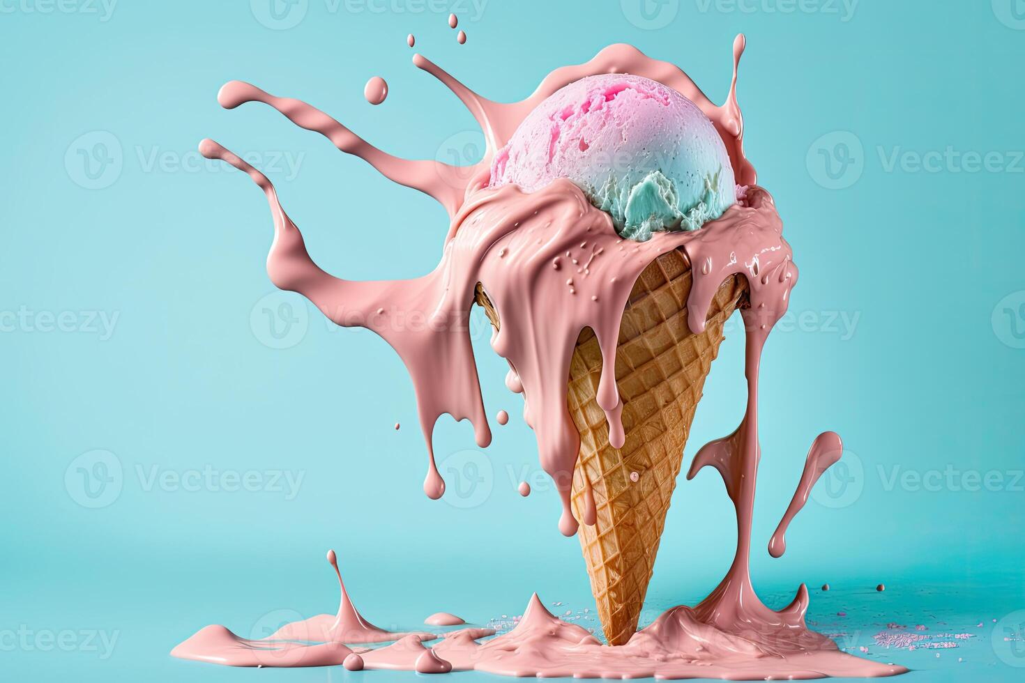 Pink ice cream melting and spilling from the waffle cone. Illustration photo