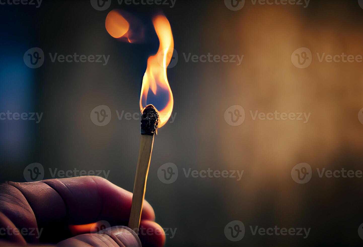 hombre sostiene un partido en su mano. ardiente fuego en un pedazo de madera. ai generado foto