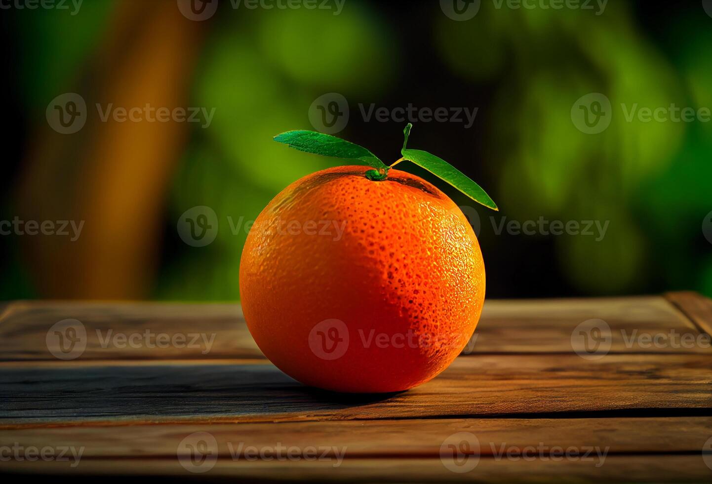 ripe orange orange on a wooden table on a garden background. photo