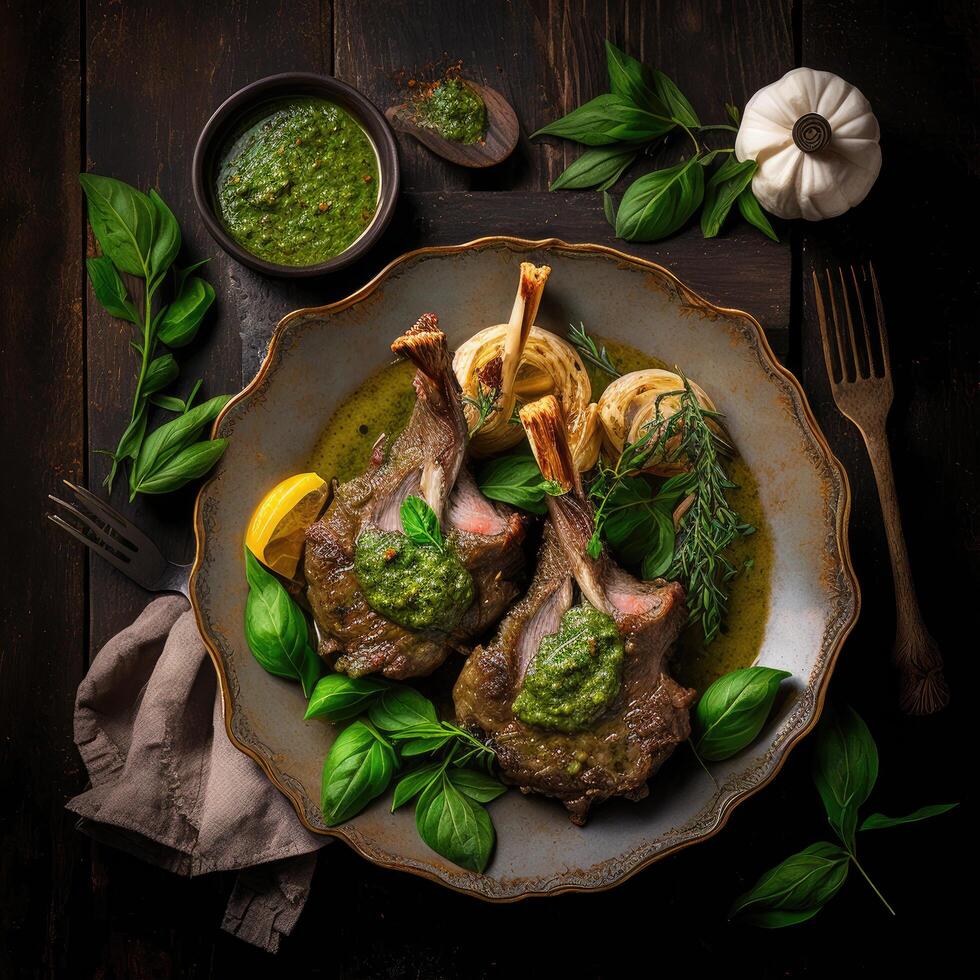 Lamb chops prepared with pesto sauce. Illustration photo