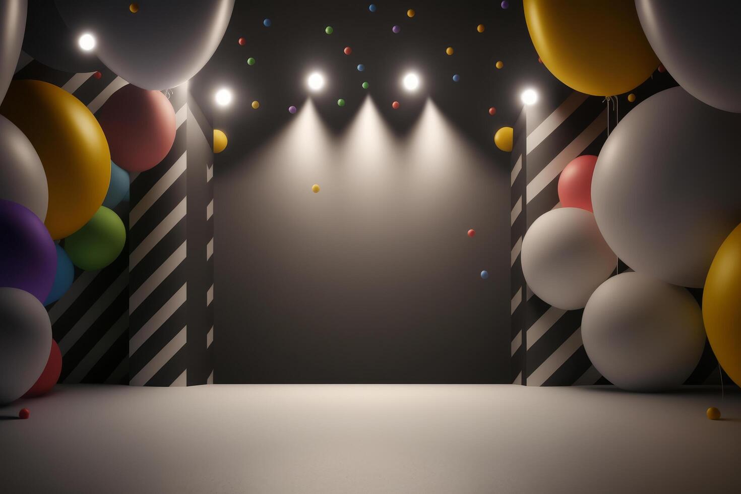 Festive party with balloons, stage and garlands. Illustration photo