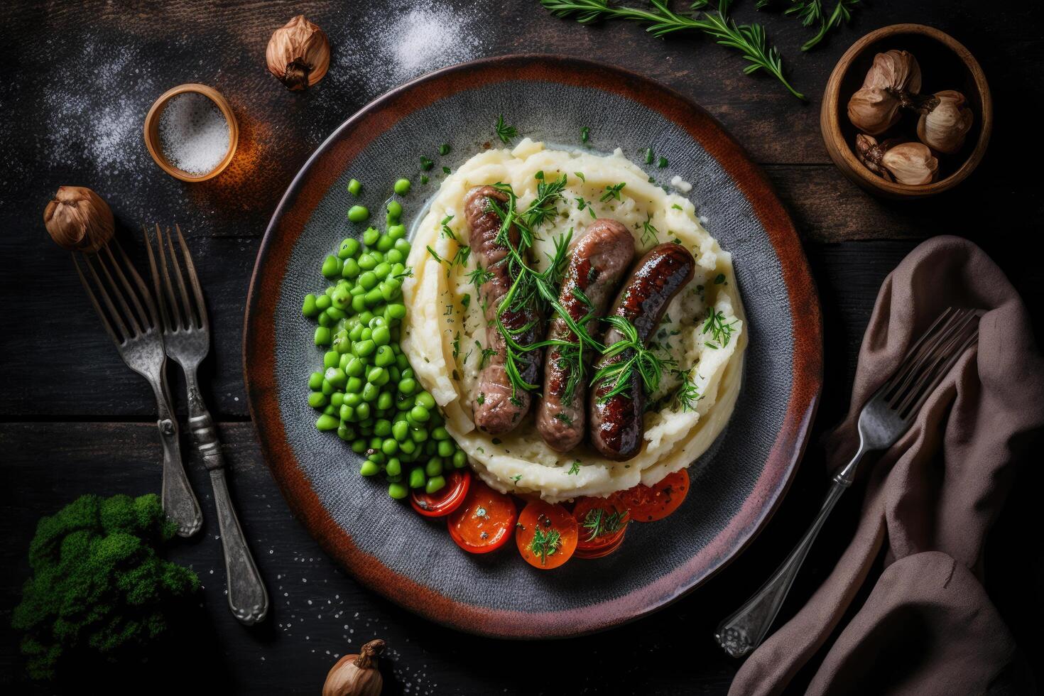 Grilled sausages with mashed potatoes. Illustration photo