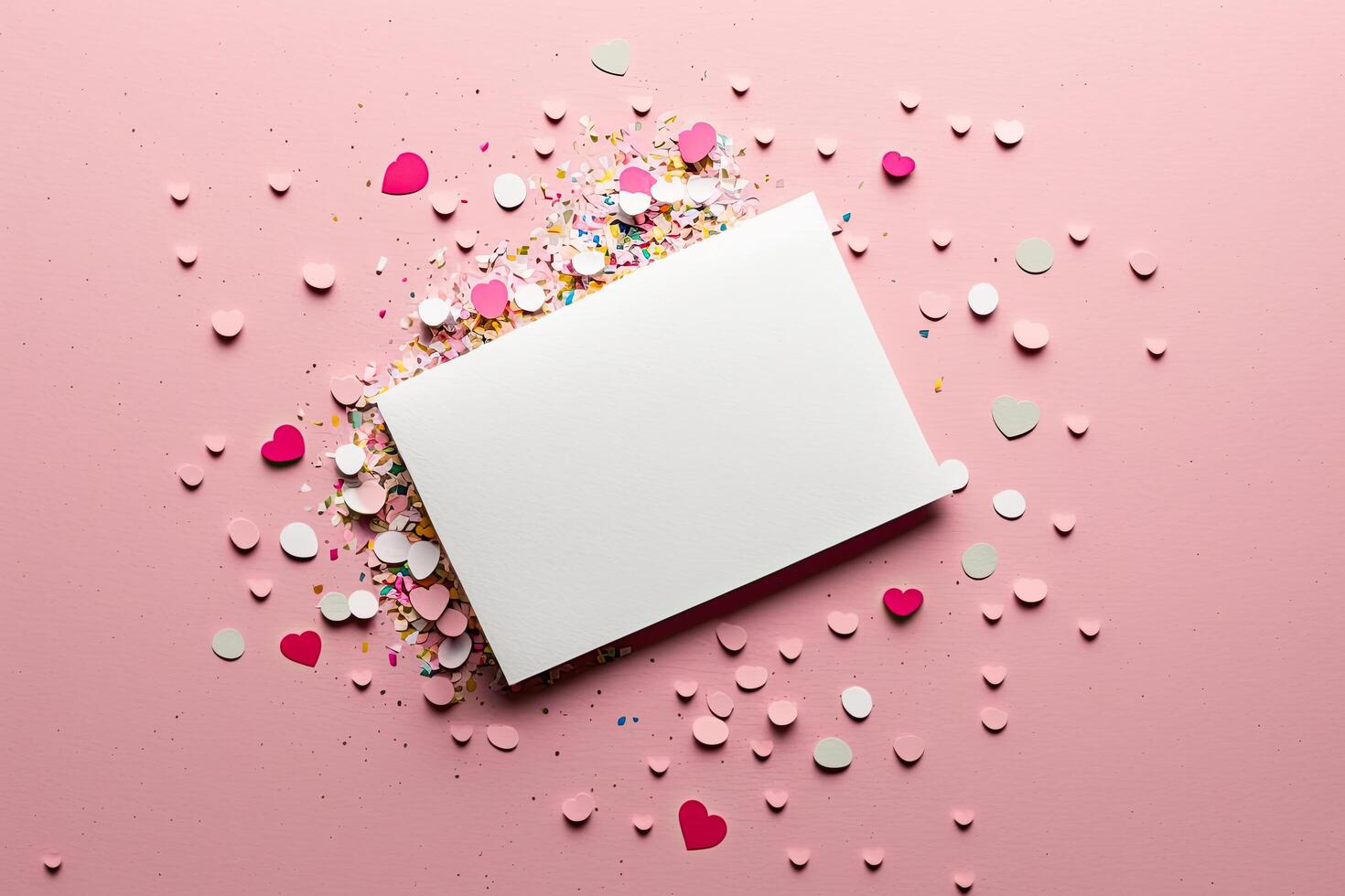 Blank paper card mock up on pink background with pink heart. Illustration photo