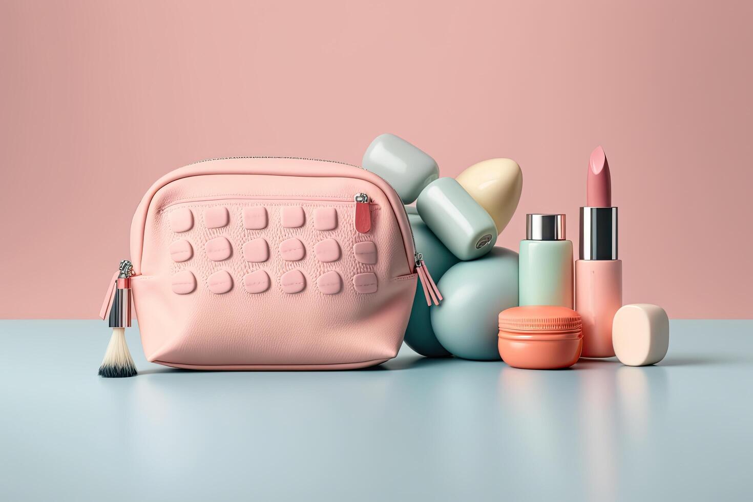 rosado maquillaje bolso con cosmético productos ilustración ai generativo foto