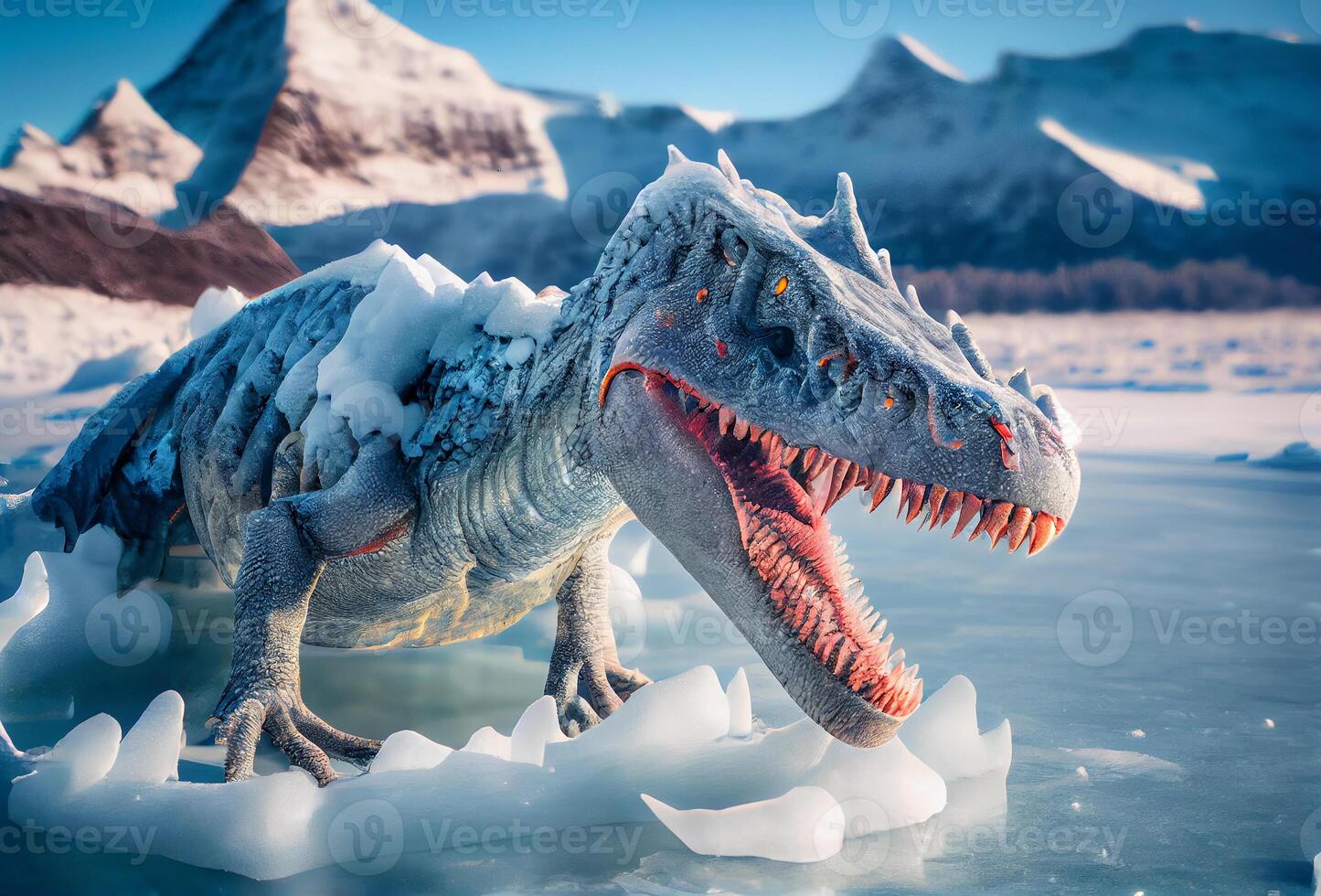 glacial período. extinción de el dinosaurios reptil encarnado dentro hielo. ai generado foto