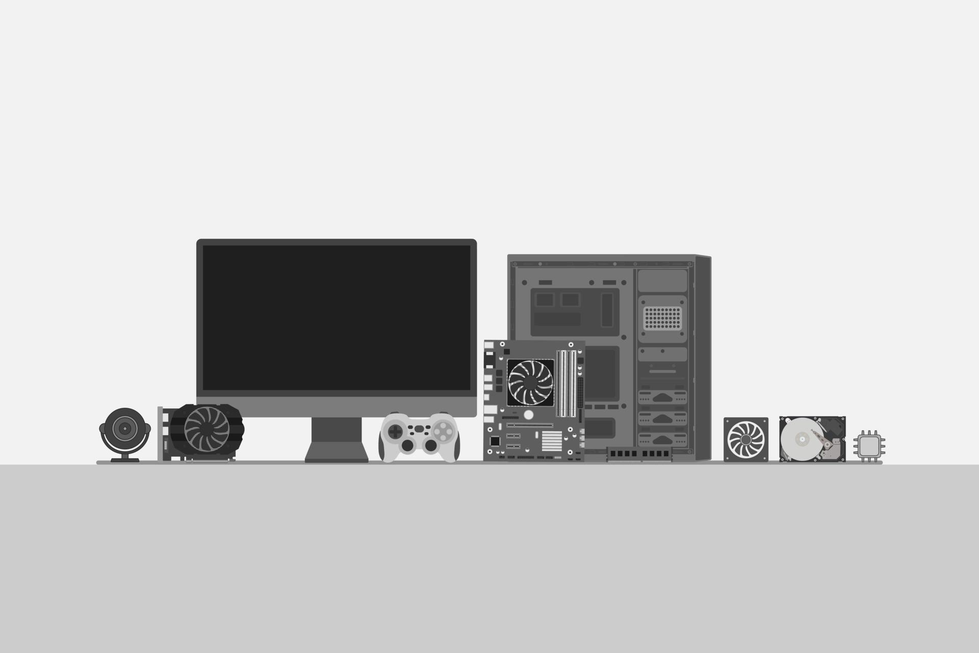 Set of personal computer hardware PC components Gadgets and Devices