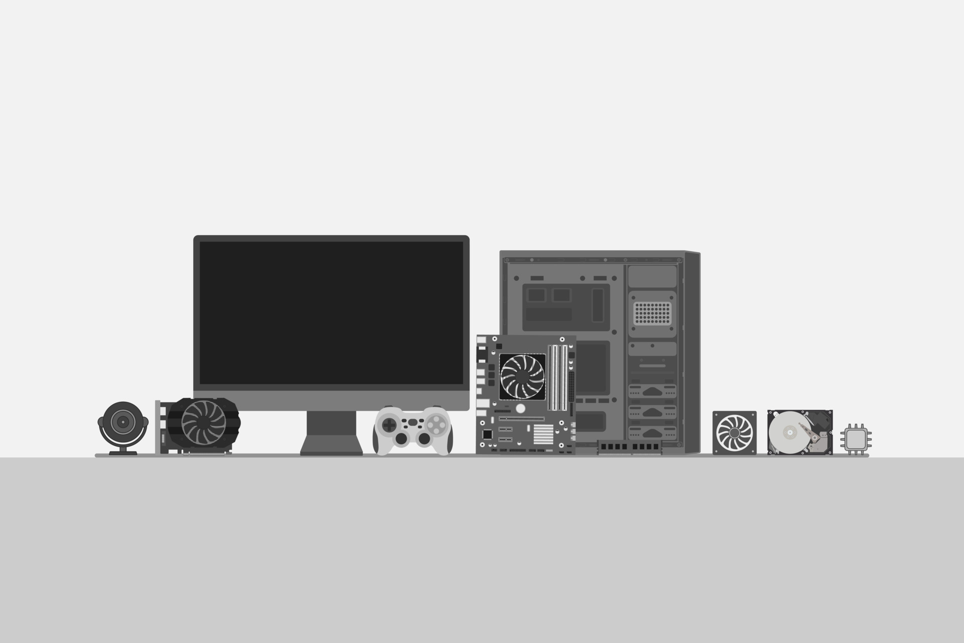 Set of personal computer hardware PC components Gadgets and Devices