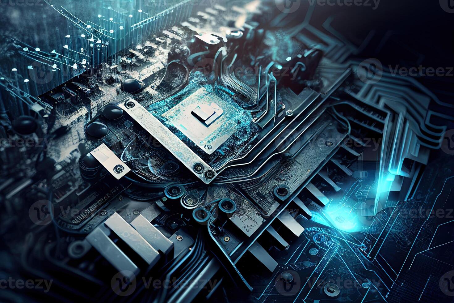 Technology Background Blue Glow Light, Abstract Digital Graphic Design Wallpaper. CPU or GPU Motherboard Chip photo