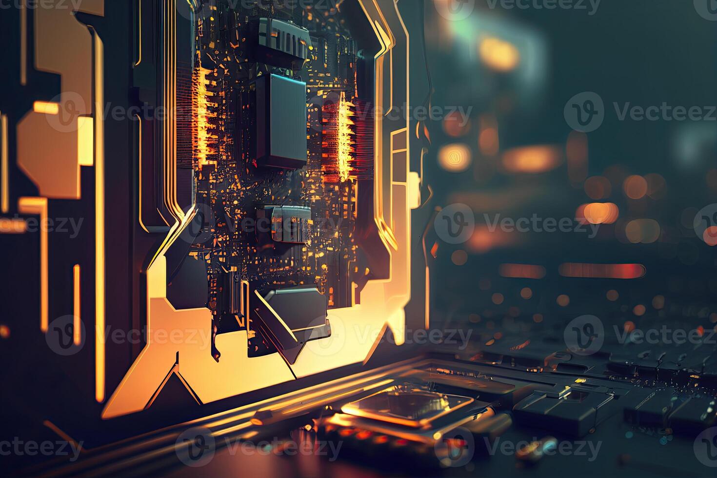 Technology Background Blue Glow Light, Abstract Digital Graphic Design Wallpaper. CPU or GPU Motherboard Chip photo