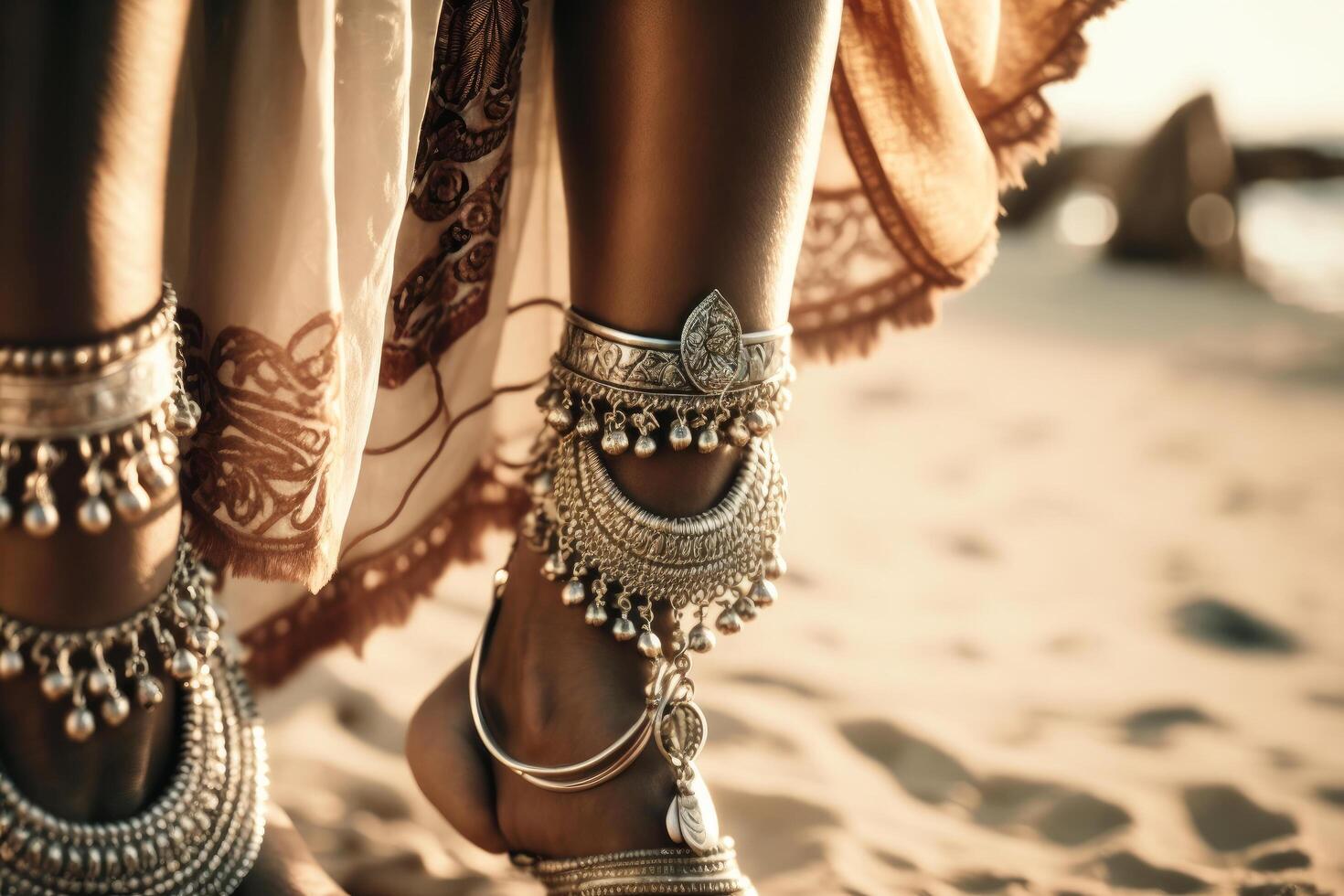 girl wearing indian silver jewelry on the beach. Illustration photo