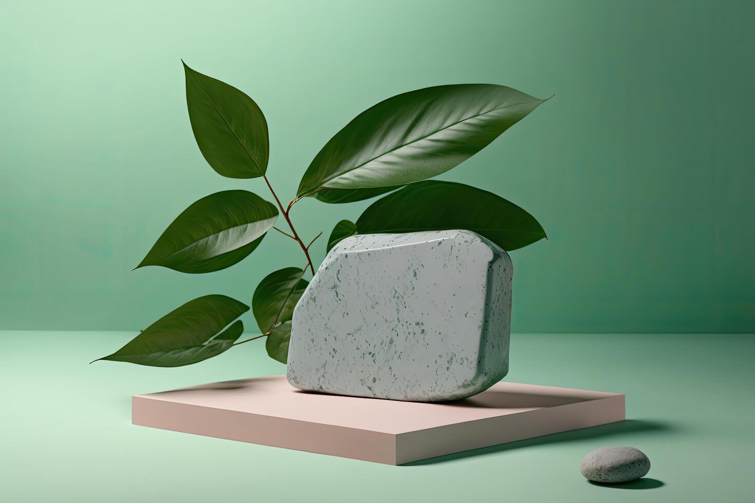 Minimalist scene of a laying stone on a light green background. Illustration photo
