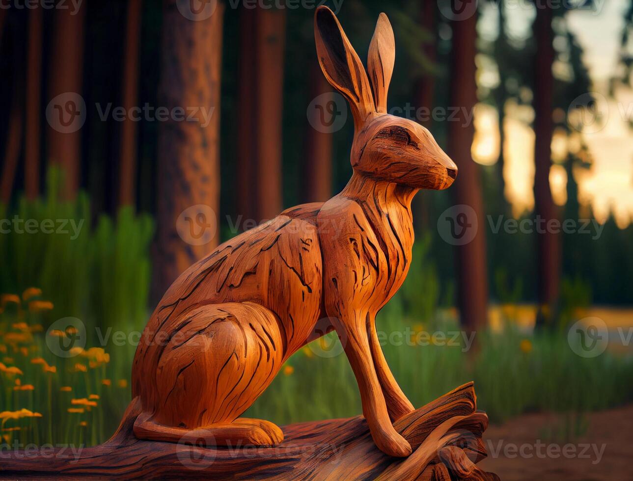 tallado marrón de madera liebre. escultura en el parque. ai generado foto