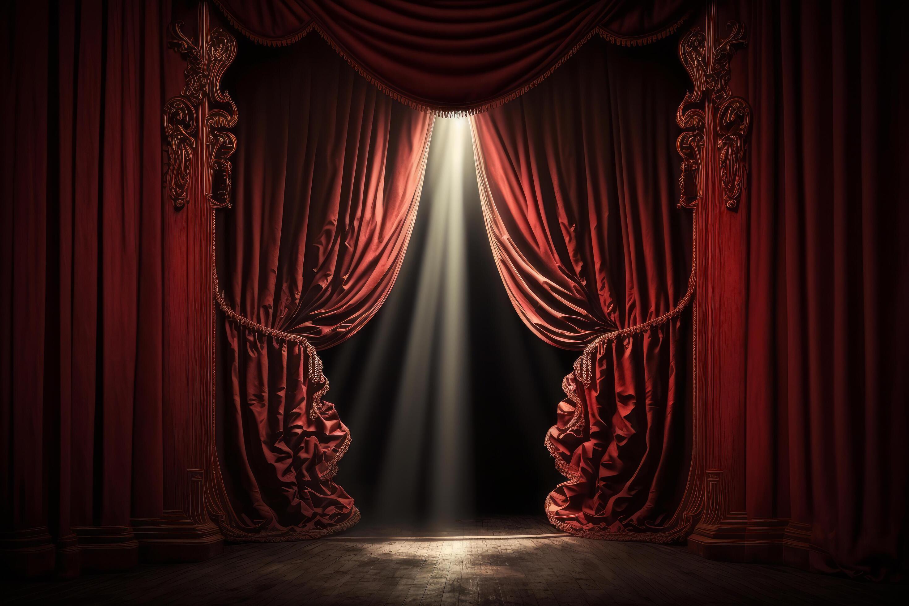 Magic theater stage red curtains Show Spotlight. Illustration AI