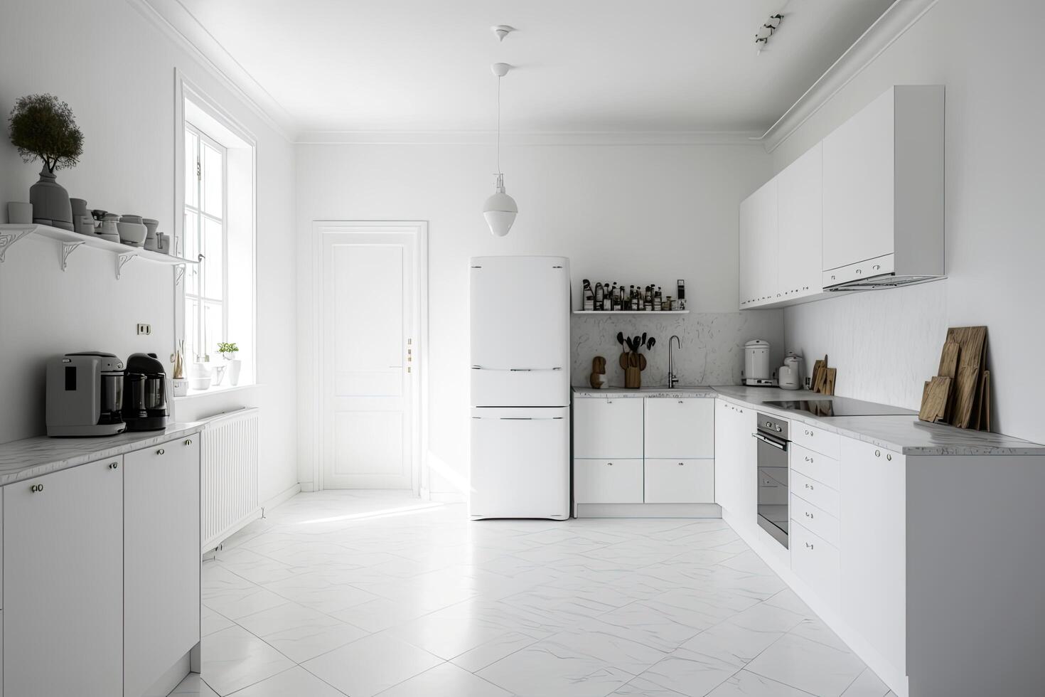 The interior of a minimalist kitchen with white walls. Illustration photo