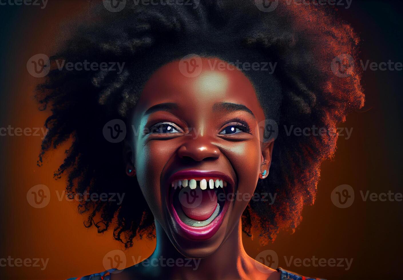 A joyful black with an open mouth on a dark background. photo