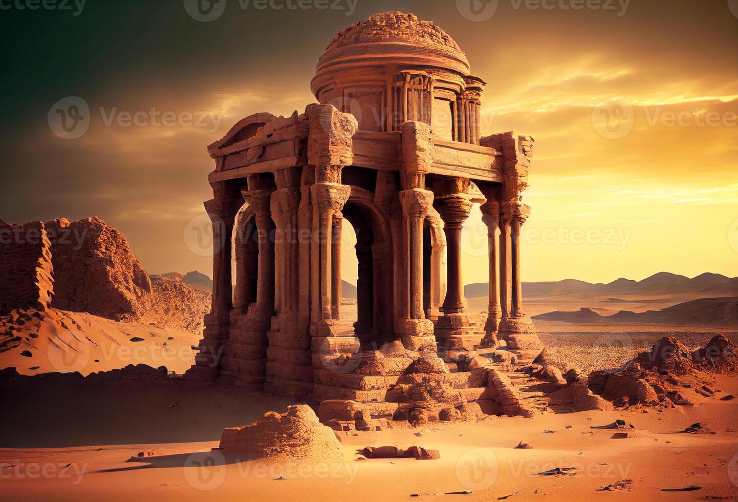 ruins of a temple in the desert. ancient stone buildings. ai generated