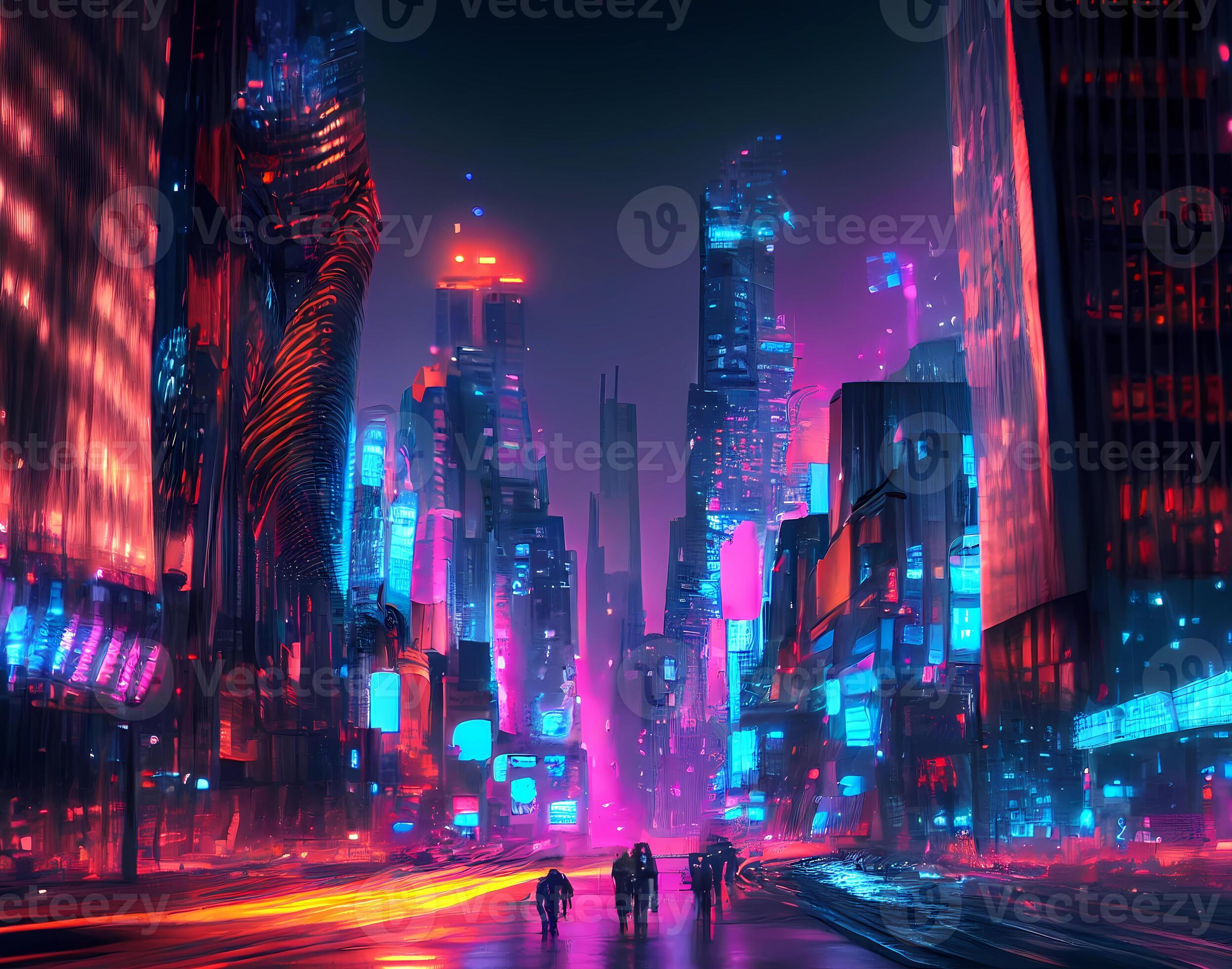 neon city at night. glow from buildings and advertising. 22009309 Stock