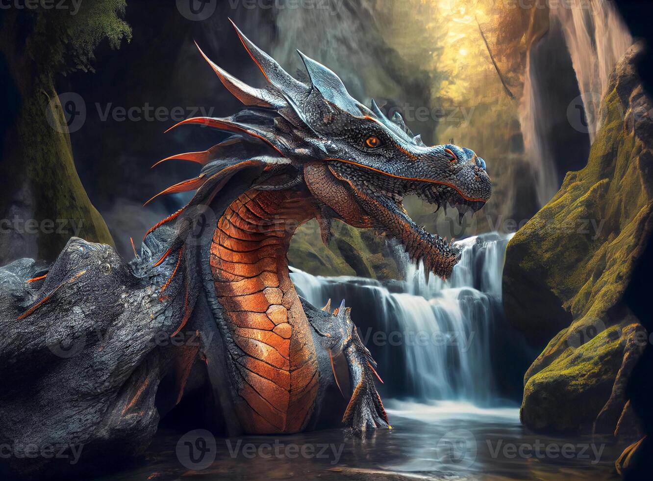 the dragon bathes in the river next to the waterfall. lizard in the water. photo