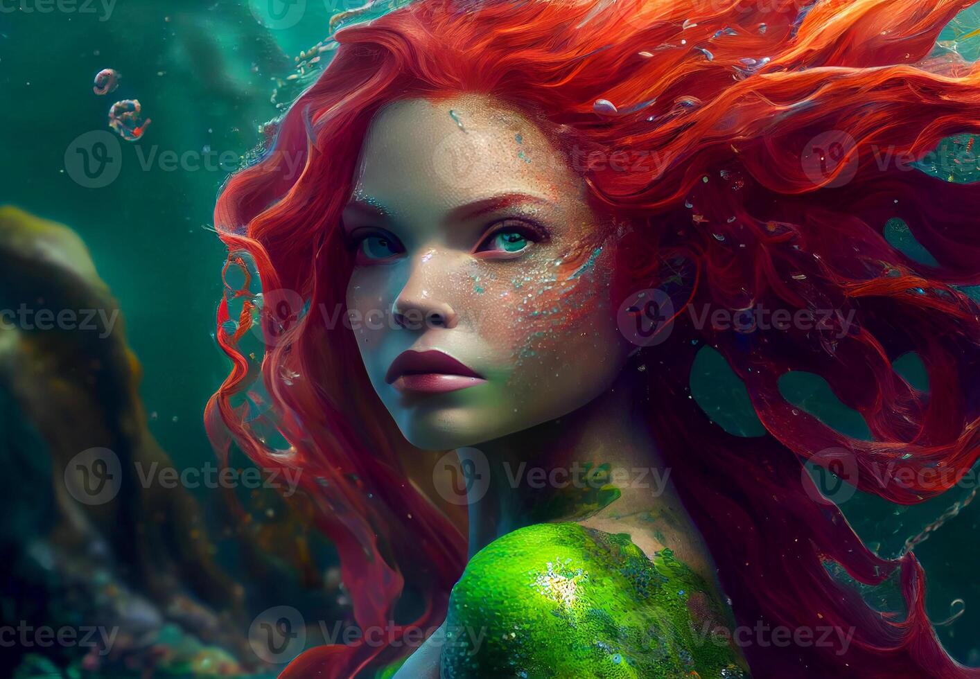 serena face underwater. mermaid in the sea. photo