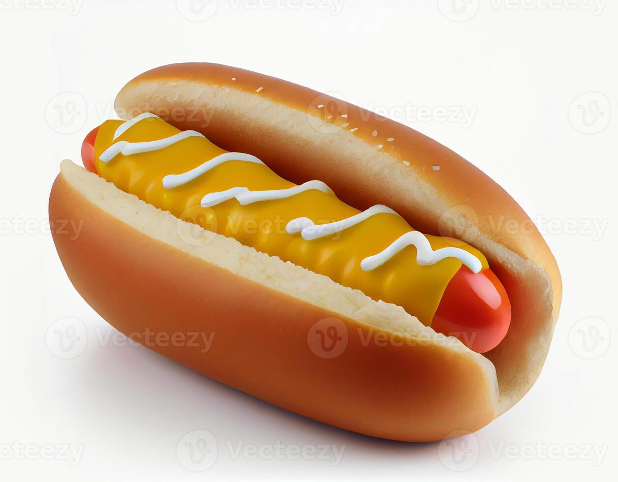 american hot dog with sausage, ketchup and mustard on a white background. photo