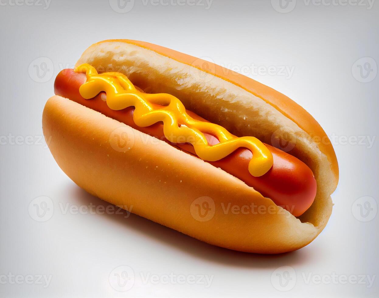 american hot dog with sausage, ketchup and mustard on a white background. photo