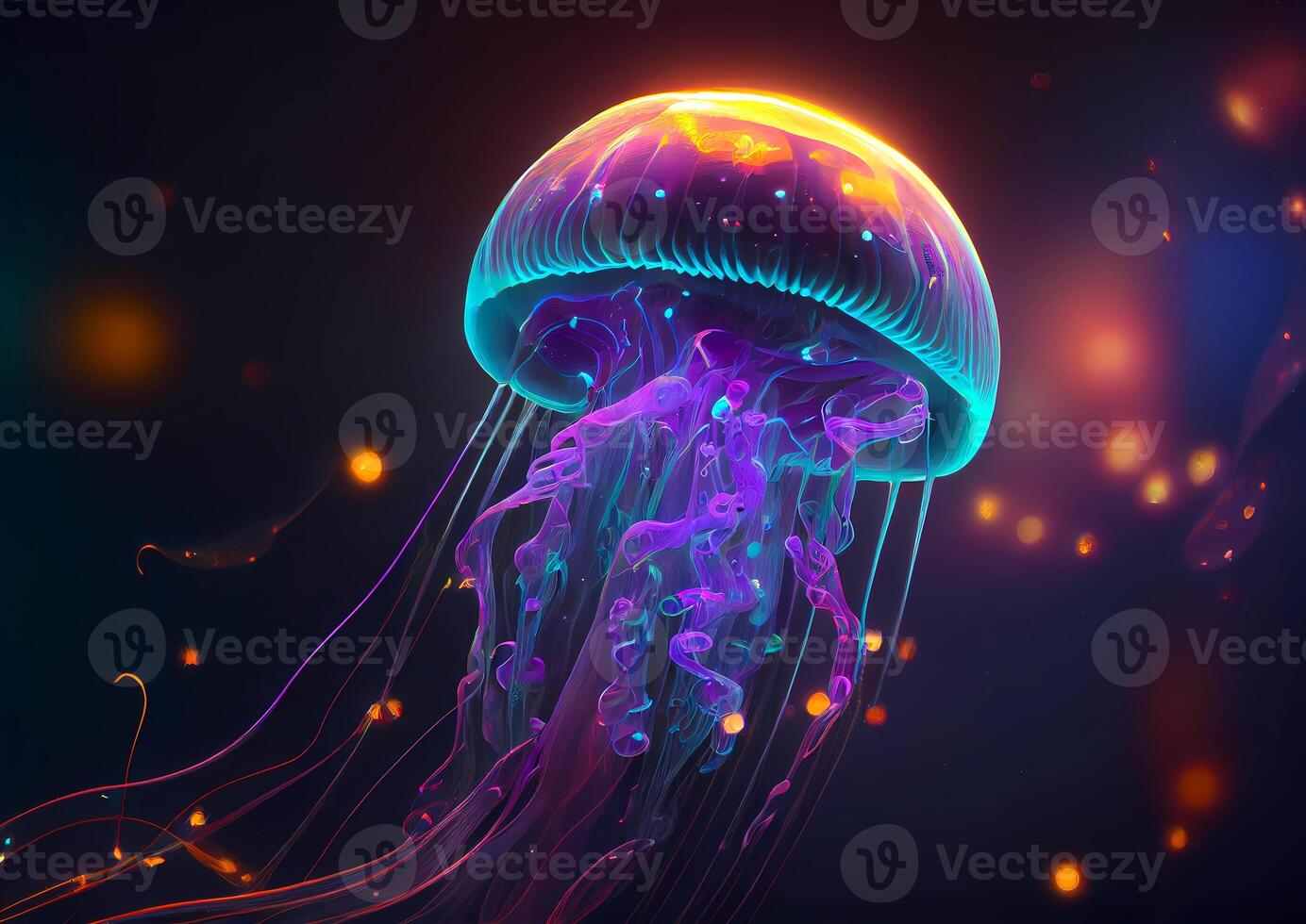 neon jellyfish in the sea. blue glow jellyfish. photo