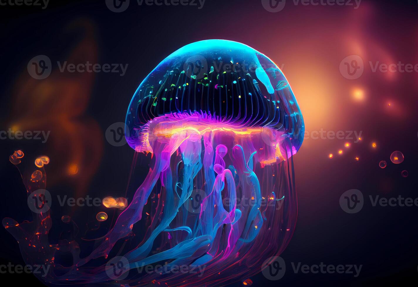 neon jellyfish in the sea. blue glow jellyfish. photo