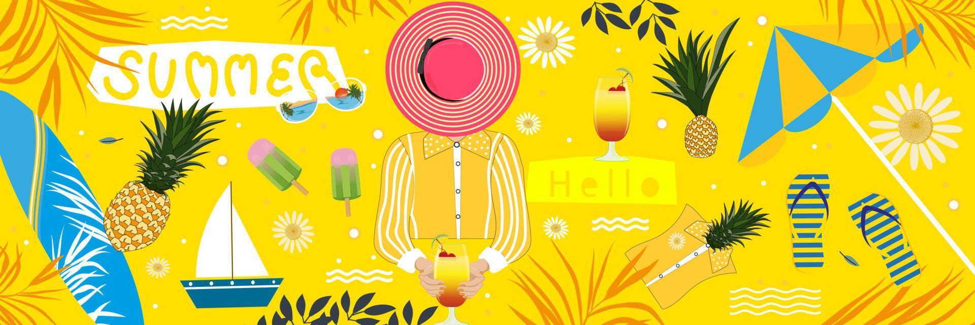 verano escena fondo, vector ilustración divertido vibraciones de un mujer con tropical verano, rosa sombrero, piña, palma hojas, tabla de surf, hielo crema, sandalia, paraguas en amarillo antecedentes