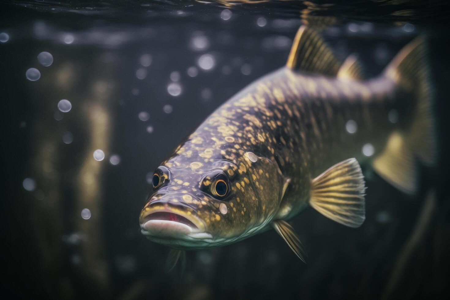 Fishing. Close-up shut of a zander fish under water. Illustration photo