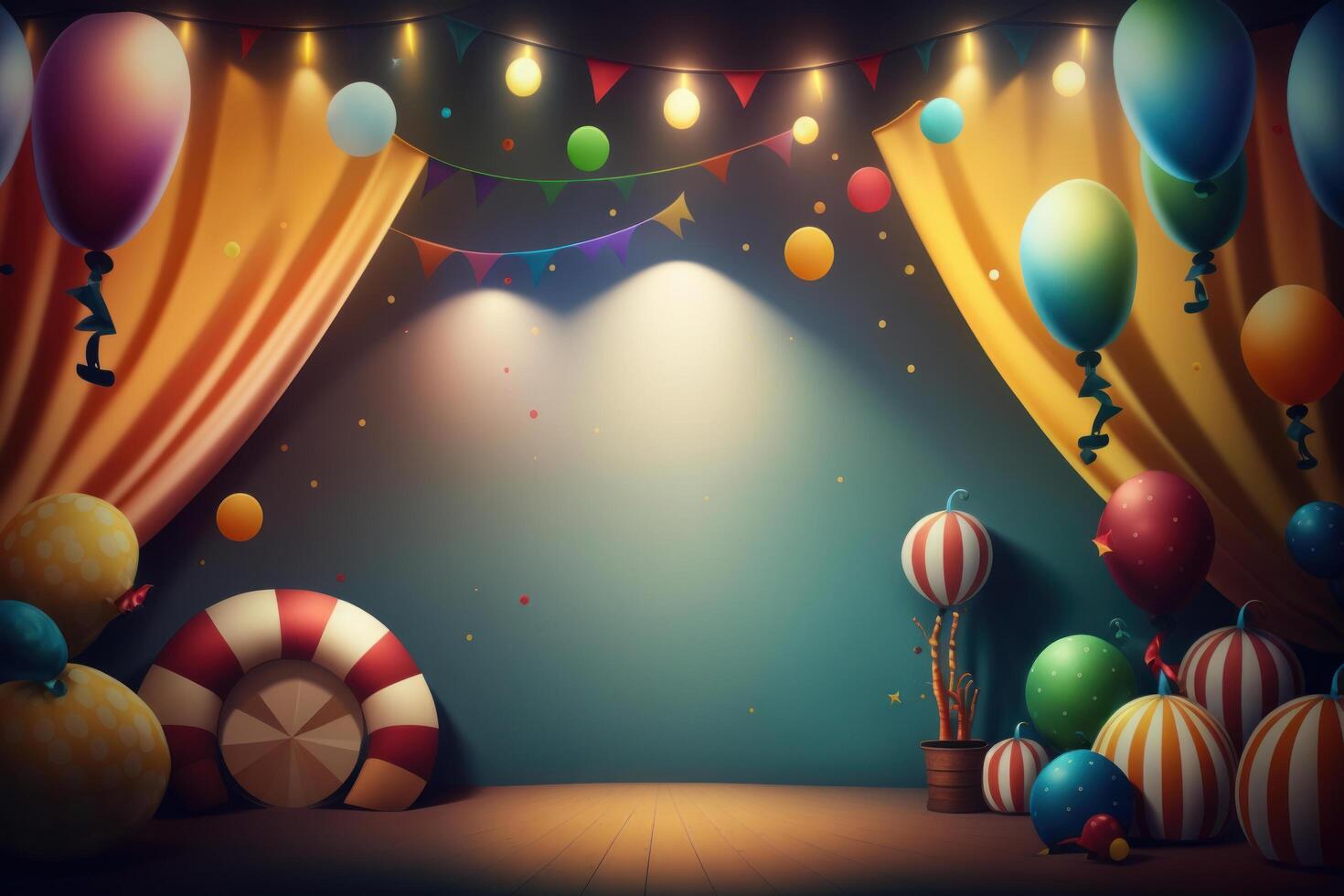 Festive party with balloons, stage and garlands. Illustration photo