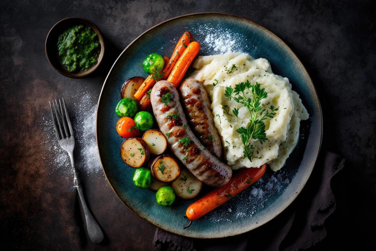 Grilled sausages with mashed potatoes. Illustration photo