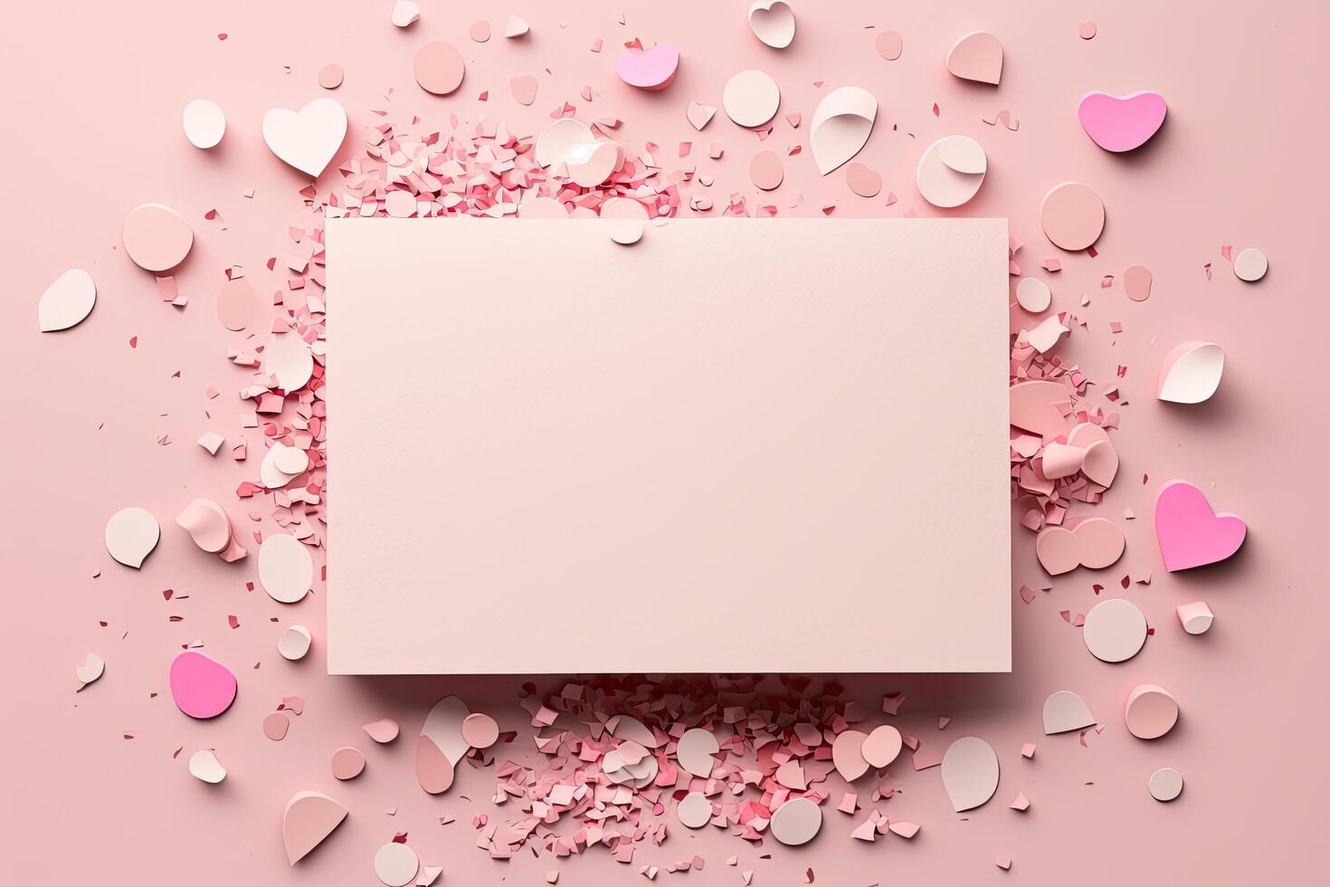 Blank paper card mock up on pink background with pink heart. Illustration photo