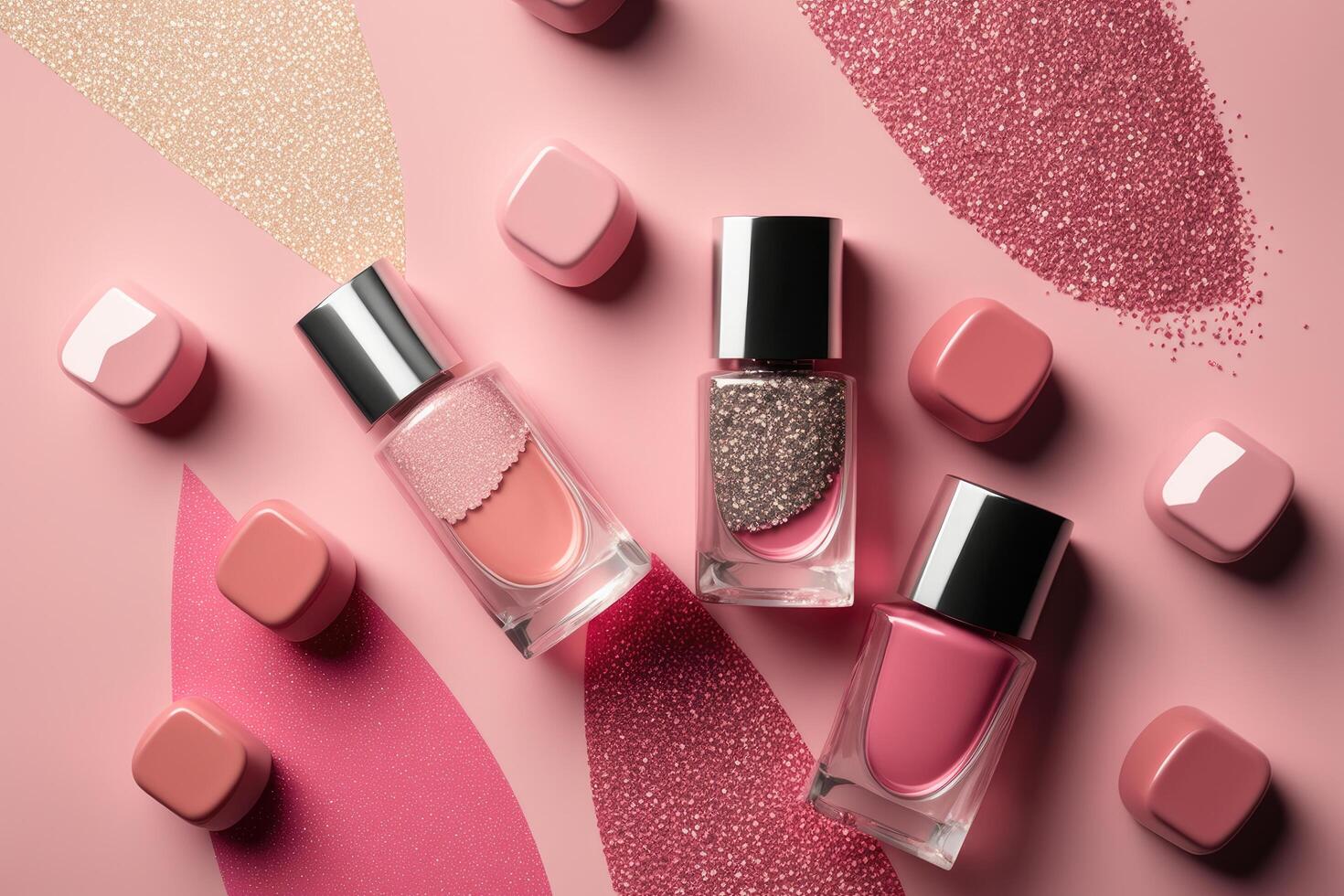 Trendy design template with nail polish glass bottles. Illustration photo