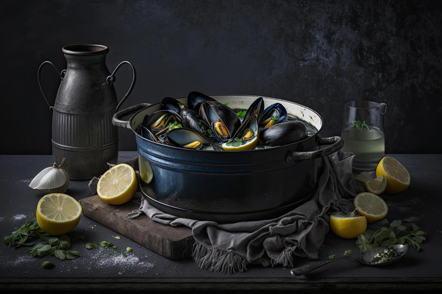 mussels in white wine and lemon juice in a blue castiron. Illustration