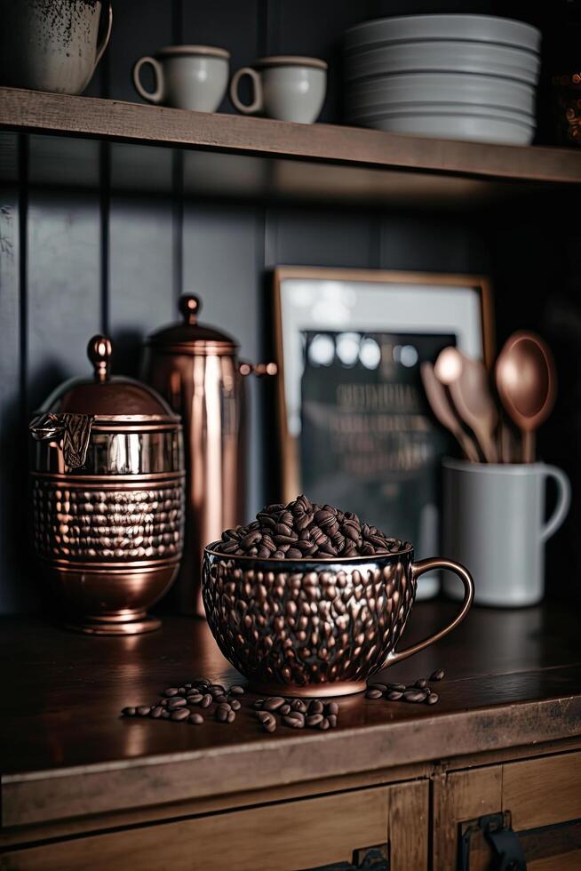 Coffee Beans in a copper mug on a shelf in a rustic kitchen. Illustration photo