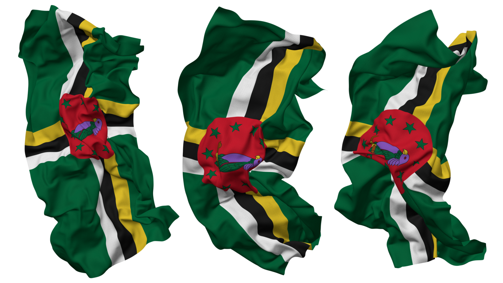 Dominica Flagge Wellen isoliert im anders Stile mit stoßen Textur, 3d Rendern png
